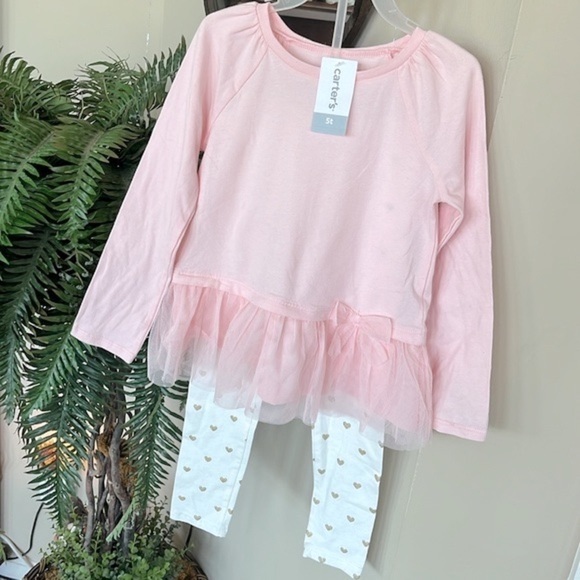 Brand New Carter’s 2-Piece Set Pale Pink Ruffle Bow Top & Glitter Heart Leggings - Picture 2 of 16